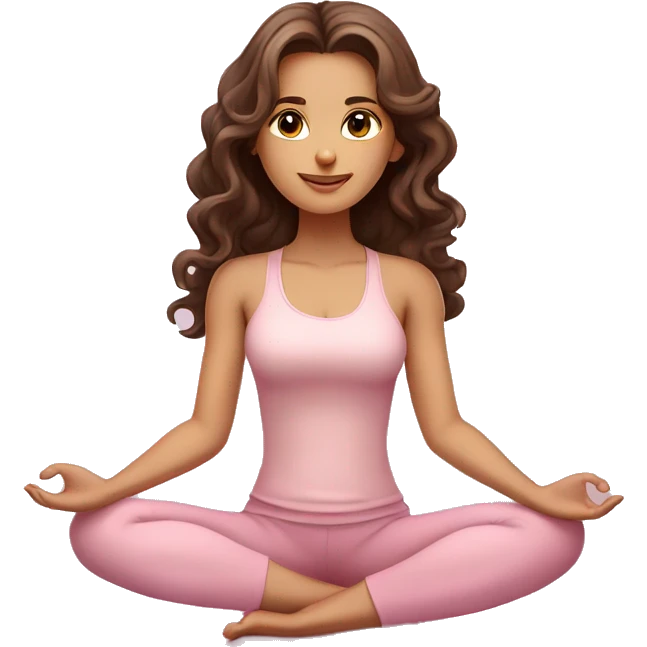 Brunette long curled hair and brown eyes yoga beautiful girl in light pink clothes sitting on a yoga mat emoji