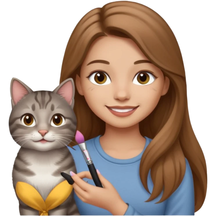 A image of a girl with light long brown hair doing her makeup with her grey tabby cat. She is smiling emoji