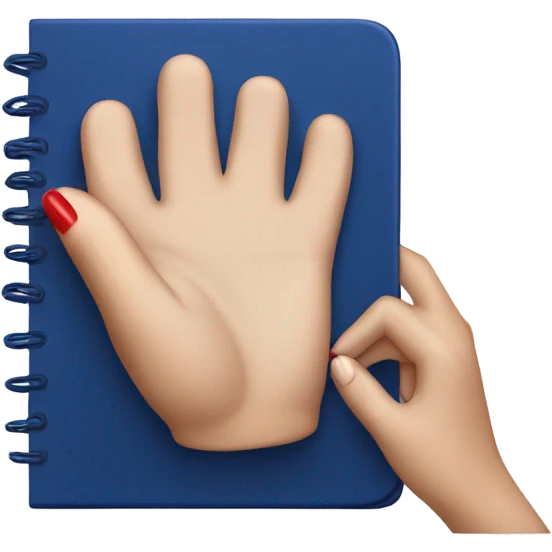 a female hand with a red manicure holds a dark blue notepad emoji