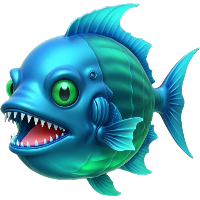 3D render of Anglerfish, bioluminescent deep sea style, glowing neon blue and green lights, dark background to contrast the glow, translucent organic textures, Apple emoji style, 3D render --v 6.0 emoji