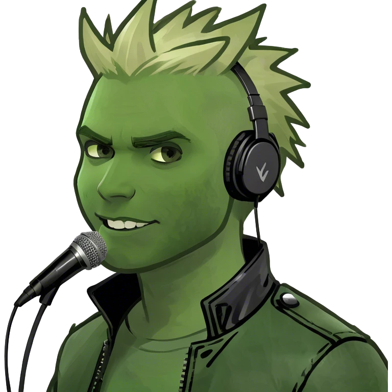 The image reflects a confident man with spiky blonde hair, a leather jacket, and a headset mic, likely a performer. He stands in a backstage area with pinned notes, illuminated by an LED-lit mirror. emoji