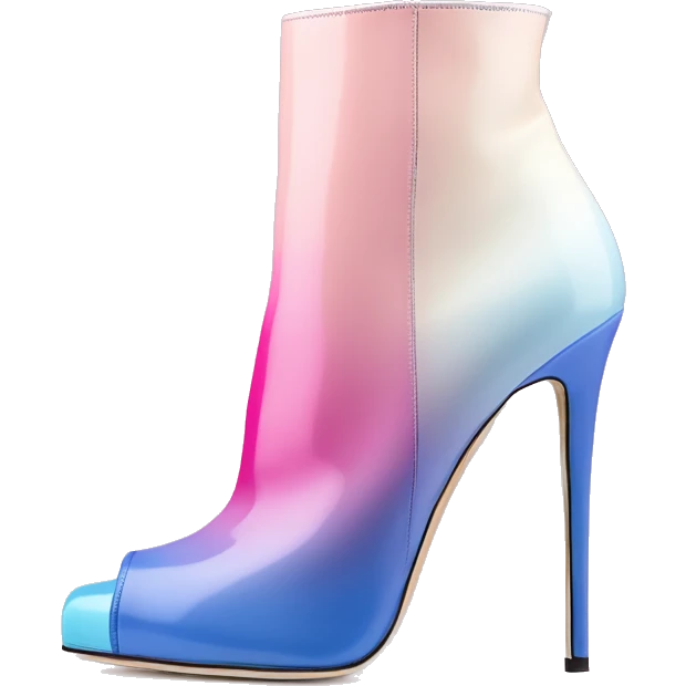Realistic isolated top view of a pair of hot pink,periwinkle ,off white,pastel pink, and pastel blue ombre Jimmy Choo stiletto peep toe ankle boots. emoji
