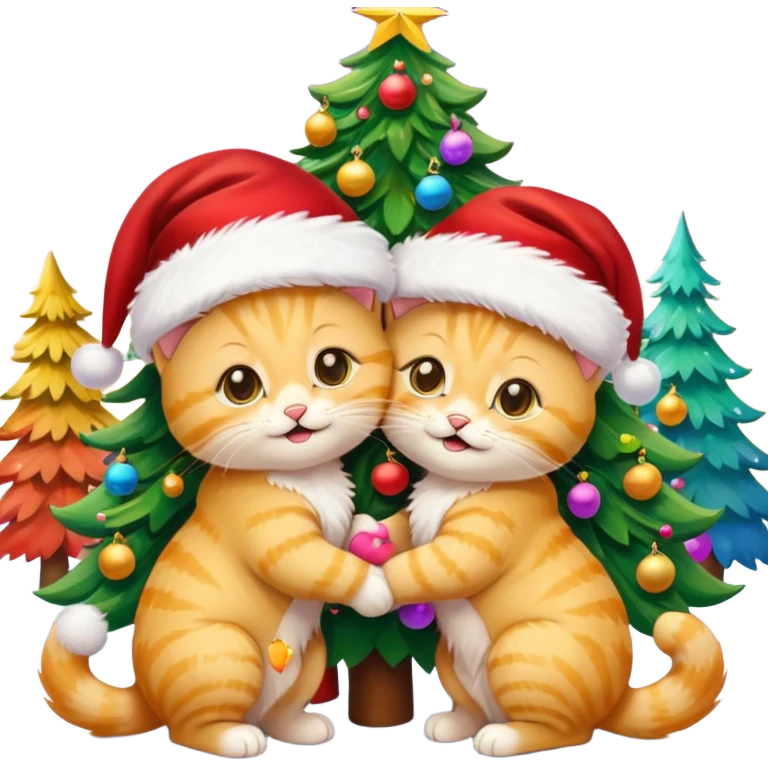 2 hazel eyed cute hugging smiling fluffy gold kittens with Santa hats by a colorful multicolored brightly lit up Christmas trees emoji