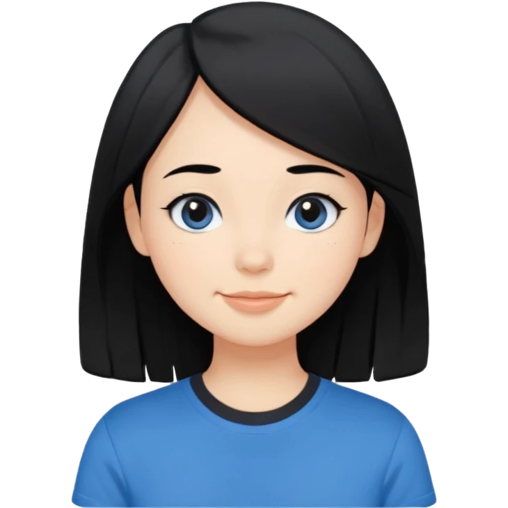 Cute cartoon-style girl portrait, black hair, blue t-shirt, big black eyes, closed mouth,clean bold lines, flat colors, minimal shading emoji