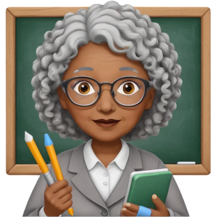 old woman teacher, brown skin, curly grey white hai, wearing glasses, hold chalk on hand emoji