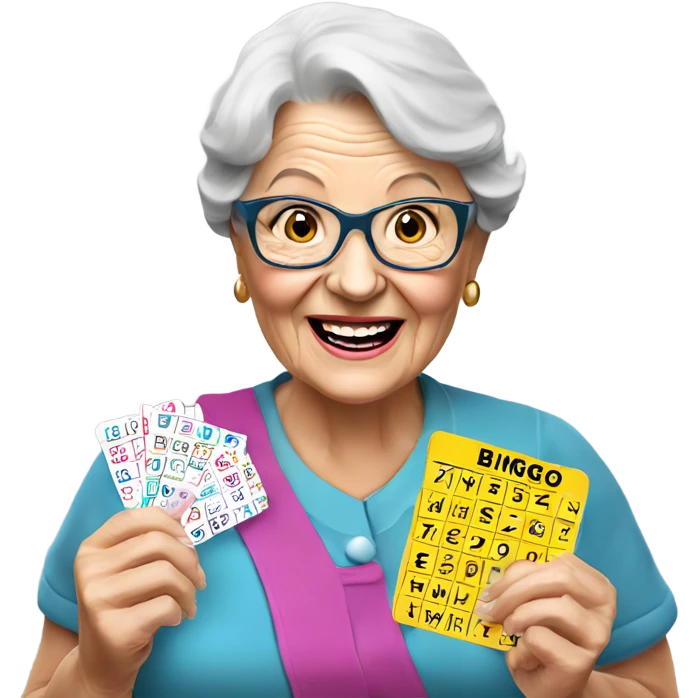 Create a 3d hyper realistic photo of a senior woman holding a bingo card emoji