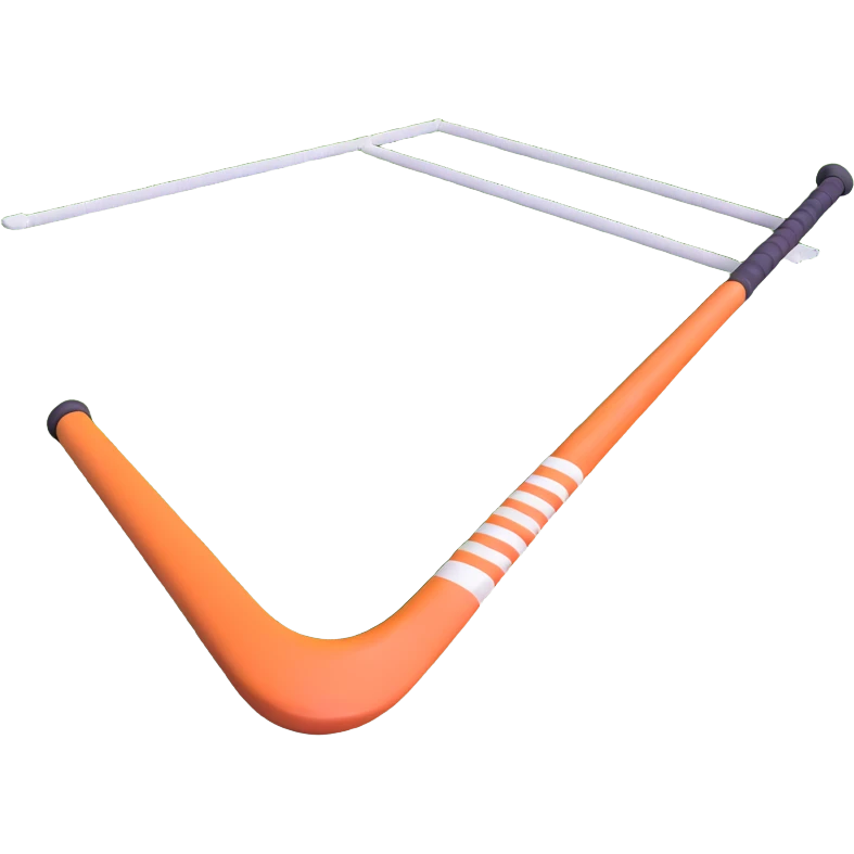 field hockey stick and ball on lush green grass with goals emoji