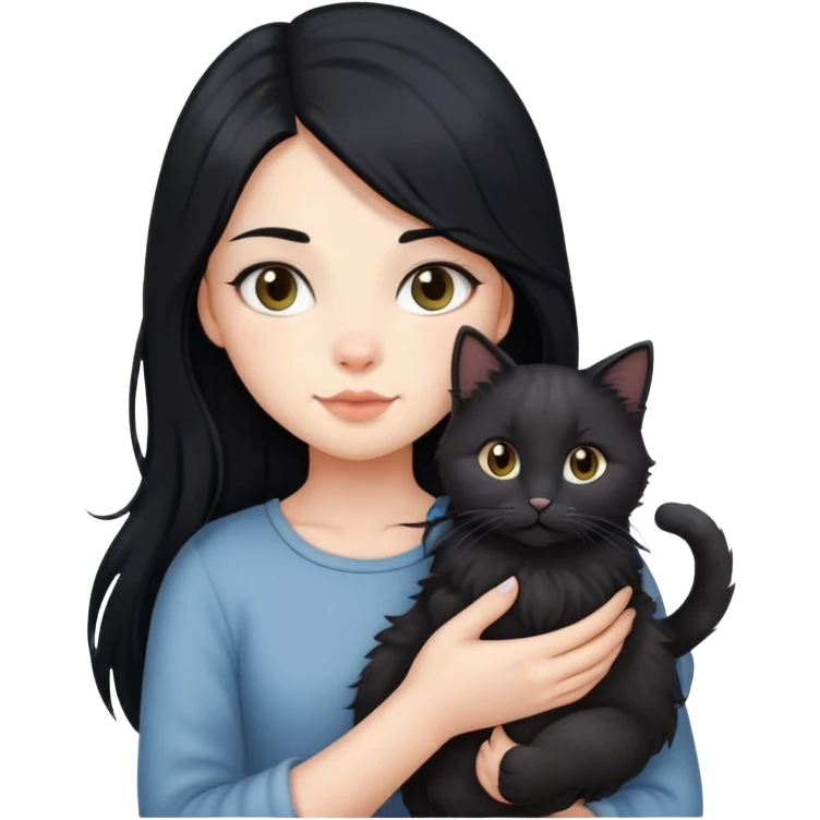 A girl with long black hair holding a Devon cat emoji