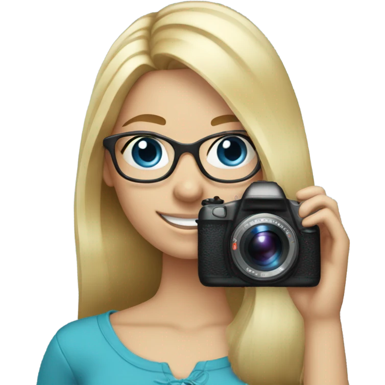 Real blonde girl with glasses smiling blue eyes taking pictures with a camera  emoji