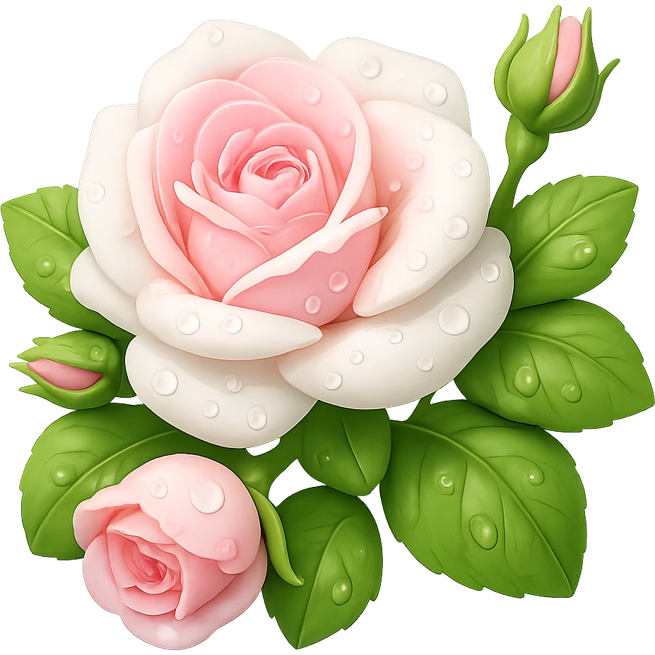 Create a square 3D illustration of a white and pink rose with buds, leaves, and dew drops in the style of iOS Apple emoji. The petals should be voluminous and detailed, with a transparent background. The style should mimic the look and feel of Apple emojis with smooth shading and subtle gradients. emoji
