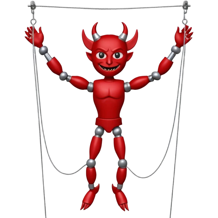 3D render of Devil Puppet as a wooden marionette puppet, Red painted wood, strings, silver metal screw joints at elbows and knees, polished brown wood texture, rigid toy pose, emoji style, isolated on white background --v 6.0. emoji