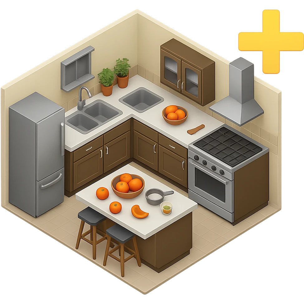 Make the background transparent, keep the plus (+) symbol in the top right corner yellow, and keep the kitchen emoji unchanged. emoji