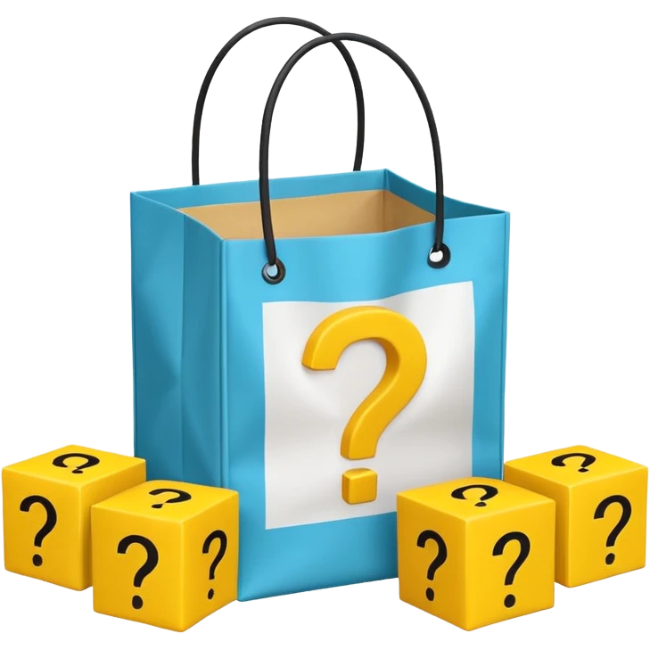 White bag with yellow questions mark cube boxes stuffed in it emoji