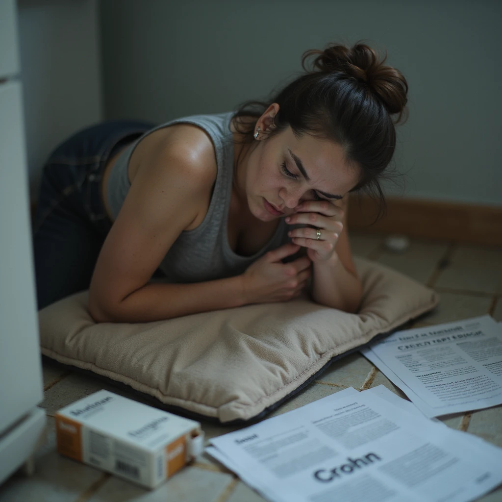 Hyperrealistic 4K image of a woman curled up on a bathroom floor hugging a heating pad, medical reports with the word 'Crohn' visible nearby, pale skin, dark circles under her eyes, discarded box of biologic medication on the floor, conveying pain and exhaustion emoji