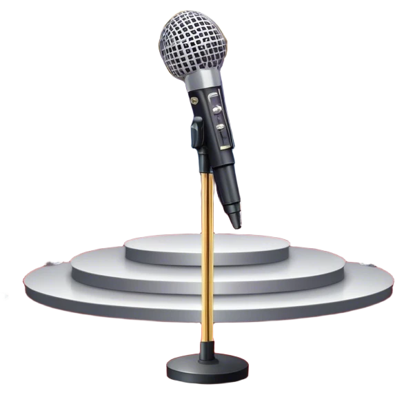Create a glamorous and vibrant emoji that represents pop or stage vocal performance. The design should feature an empty stage with concert lighting. Include elements like an iconic stage microphone with a sparkling, rhinestone-studded microphone stand, set on a red carpet, a celebratory firework display in the background and a ribbon of musical notes flowing around the scene to symbolize the performance's energy. Use bright colors like gold, red, and silver to emphasize the excitement and glitz of the pop vocal world. The background should be transparent. emoji