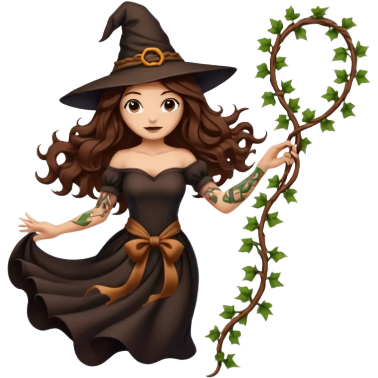 witch woman long wavy brown hair tattoos pulling vine ribbon slowly emoji