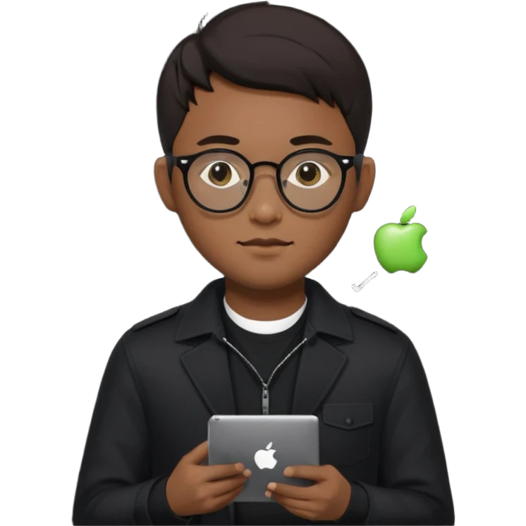 a asia man guy his 20s wearing an apple notebook, wearing bodyguard radio operator, round glasses, blackclothes emoji
