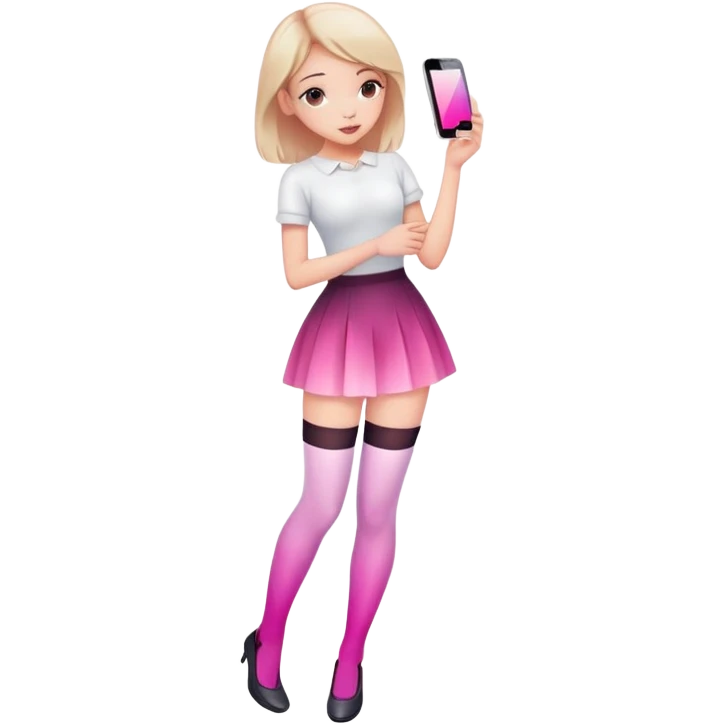 Cute girl character in stockings adjusting fashion accessory, pink gradient, glass effect, minimalist design emoji
