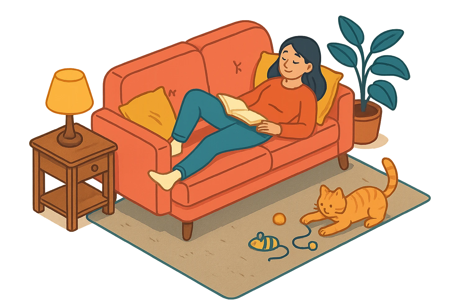 женщина отдыхает на диване, рядом кошка играет с игрушками emoji