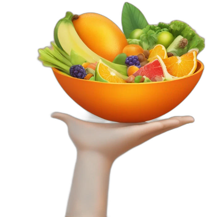 Create an image of a vibrant orange salad bowl filled with exotic fruits and vegetables, topped with a sparkling diamond. Include a hand elegantly holding the bowl from the side. emoji