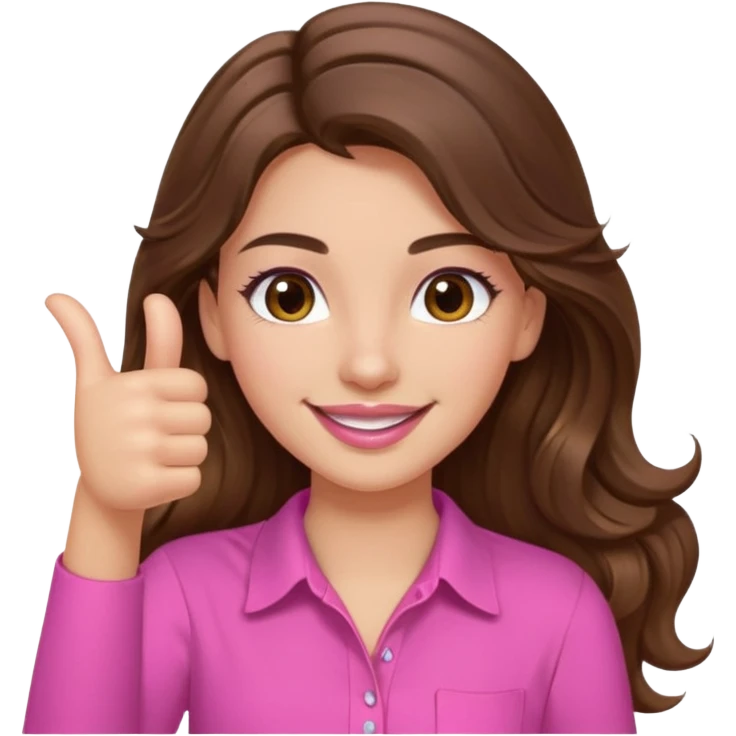 girl with long wavy brown hair, brown eyes, light to medium complexion, in a pink shirt, pink lips, long lashes, thumbs up emoji