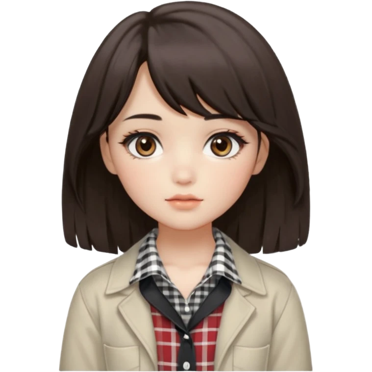 A fair, neutral-toned girl with dark brown layered hair (medium length, curtain bangs) and almond-shaped brown eyes. Doll-like makeup with soft brows, manhwa lashes, and normal lips. Oval face. Wearing an off-white checkered shirt, baggy pants, and minimal silver jewelry. emoji