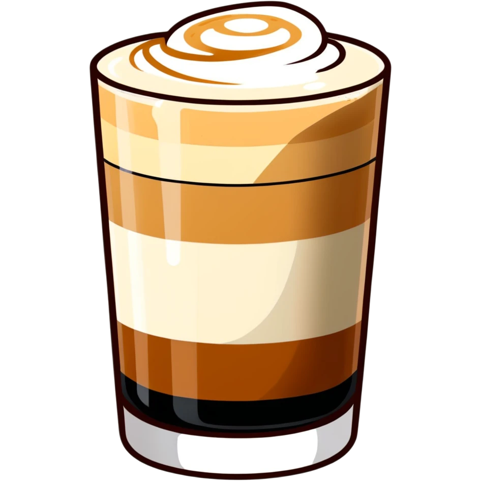 Small 4.5 ounce Gibraltar glass with cortado espresso drink, smooth gradient from light brown on top to darker at bottom, no white froth, just smooth milk and espresso integration emoji