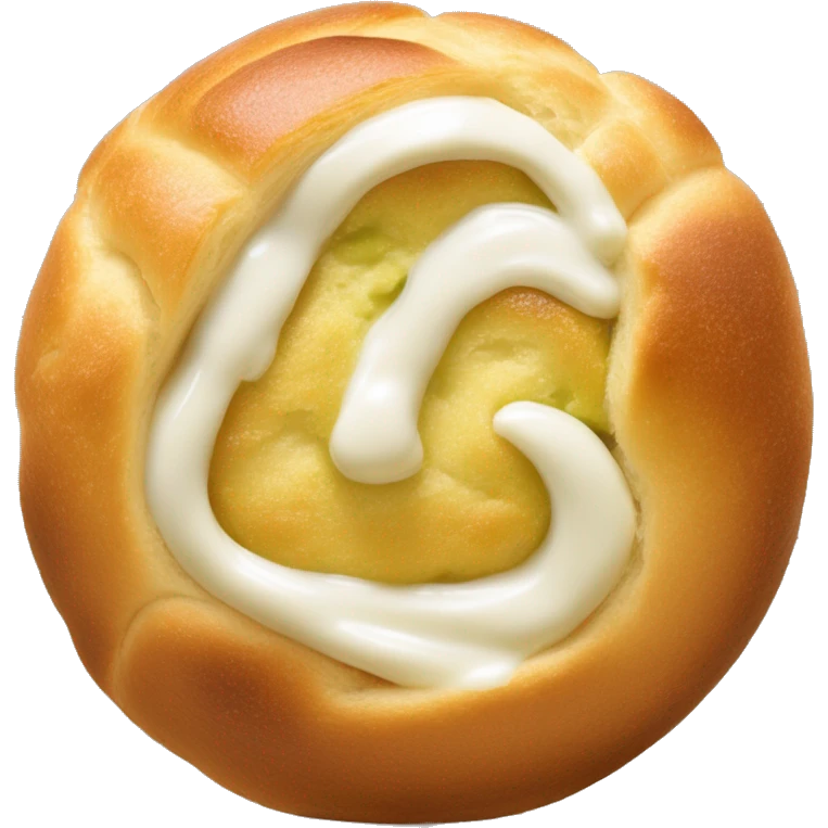 Petite boule de brioche ronde coupée en deux au milieux verticalement avec crème fouettée blanche au centre recouvert d’éclat de pistache  emoji