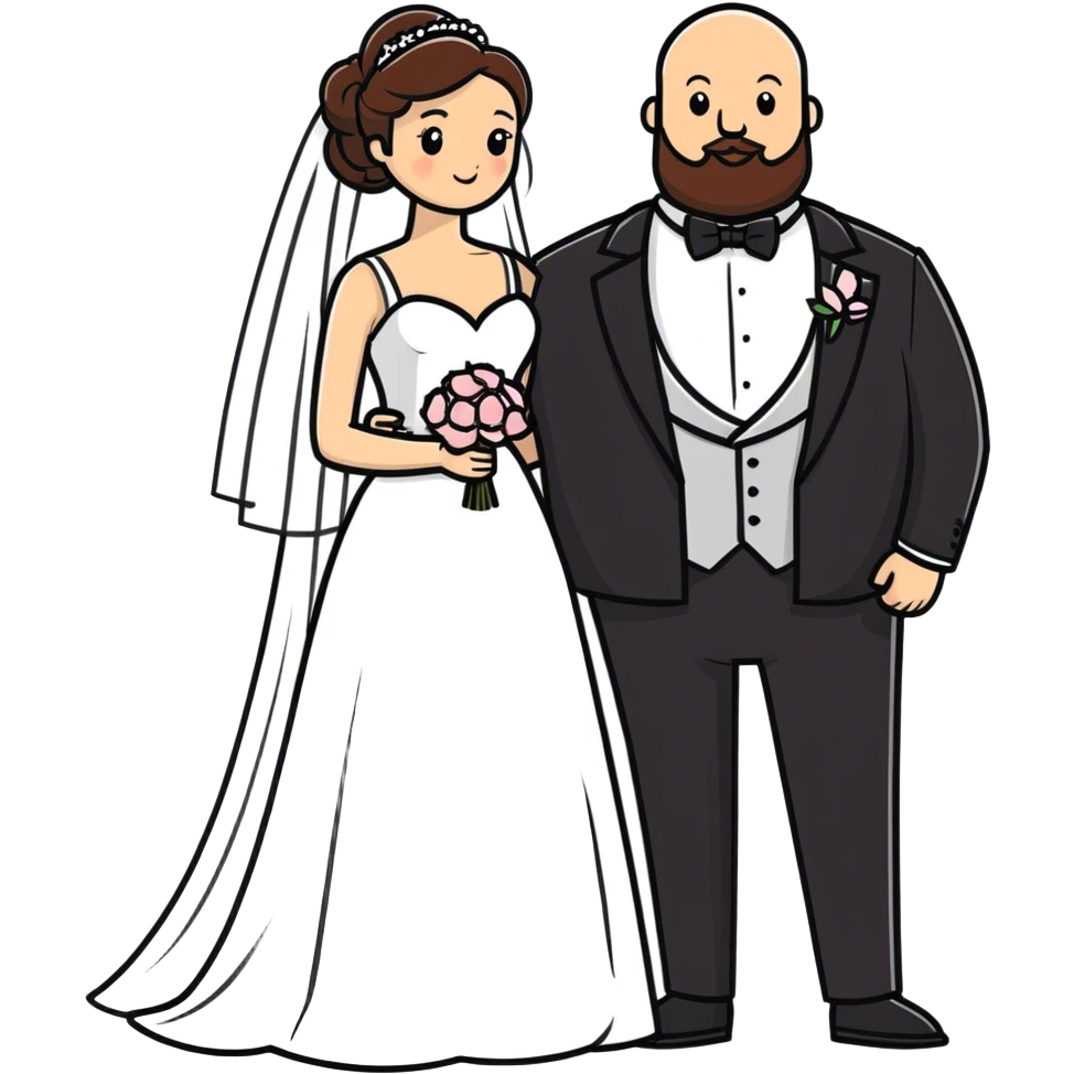 blue-eyed overweight bald man with a beard in a tux and brunette brown-eyed bride emoji