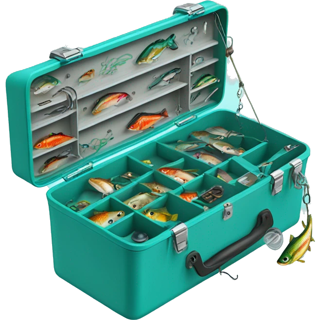Realistic turquoise Fishing tackle box open with  fish bait and hooks inside of it emoji