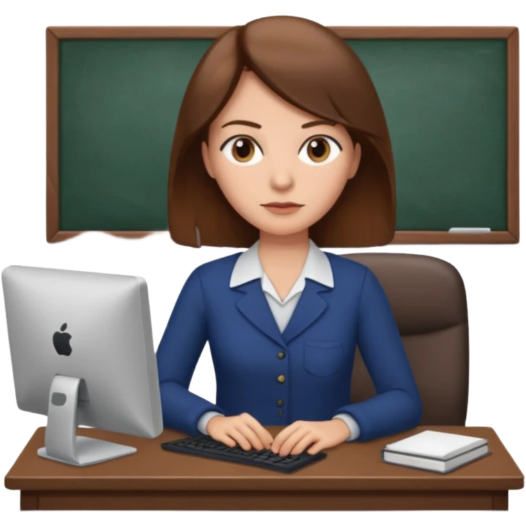 Uma mulher de cabelo castanho que é professora e um pouco brava a trabalhar no computador sem usar óculos emoji