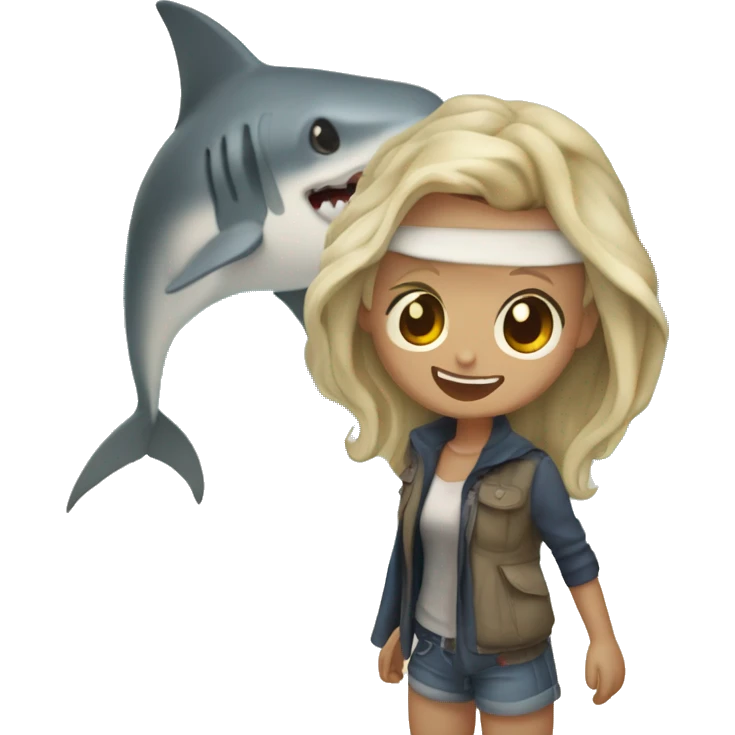 Persona encima de un tiburón en la playa i al lado de una chica emoji