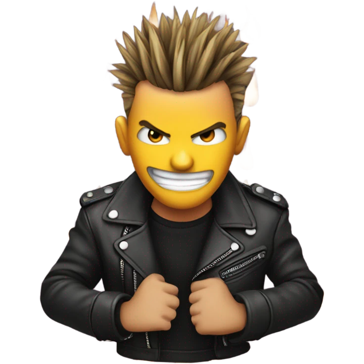 punk emoji, hardcore rock face emoji with hands, leather jacket, fire around face, smiling emoji