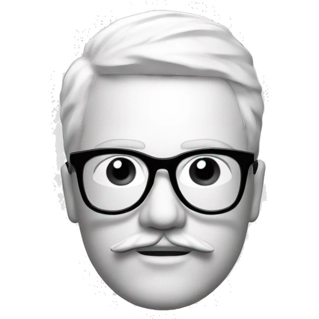 mannequin head of a man with a mustache, he wears black glasses, on a white background, the picture is black and white, and his head is standing straight emoji