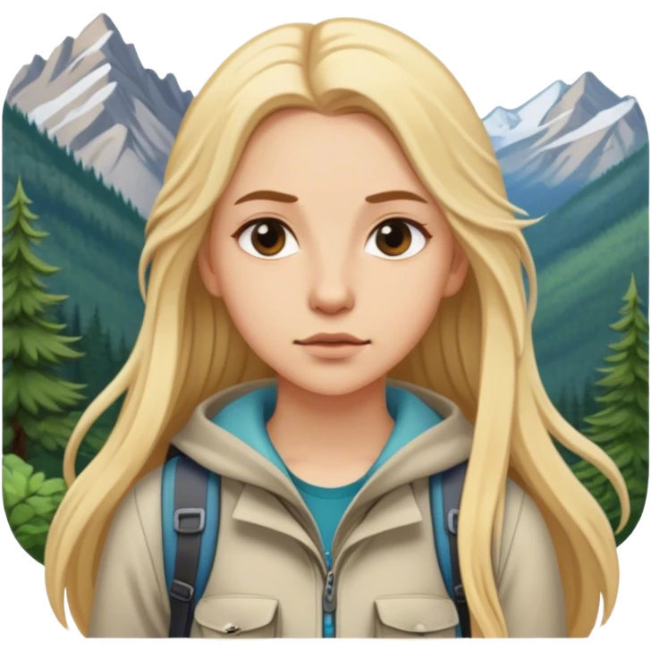 portrait of white girl, blonde hair, backpacking girl in the mountains emoji