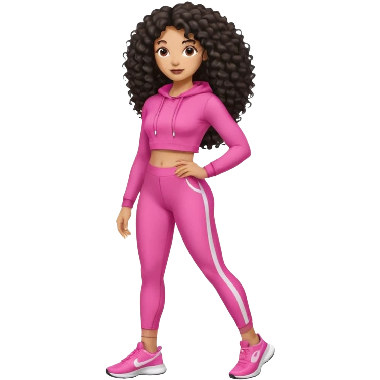 Uma mulher negra da pele clara com cabelo cacheados bem longo até a bunda  sem tanto volume no cabelo e um corpo atlético com roupa rosa  emoji