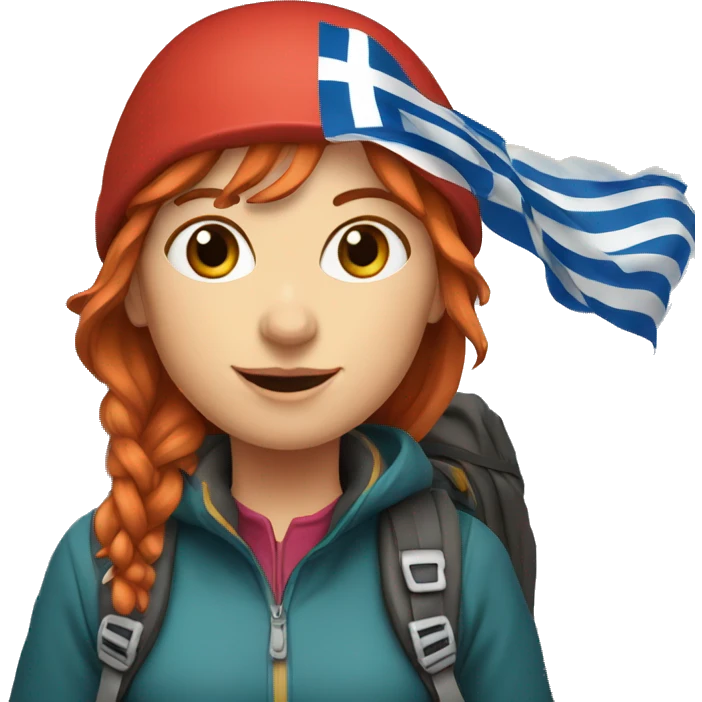 Greek Female winter mountaineer red hair white skin climbing with Greek Flag and Easter eggs basket emoji