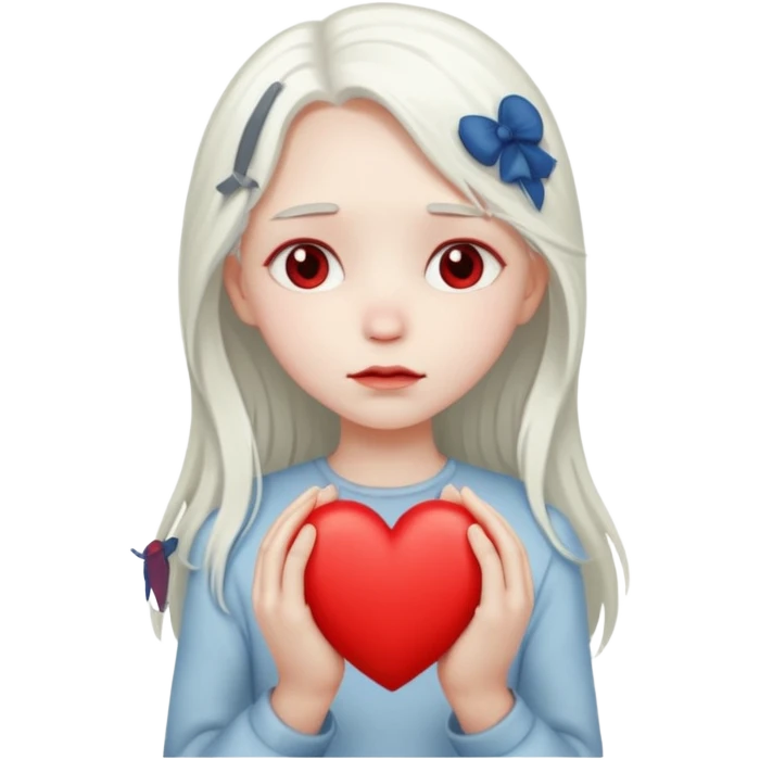 A girl with long white hair is sad and holds a red heart in her hands emoji