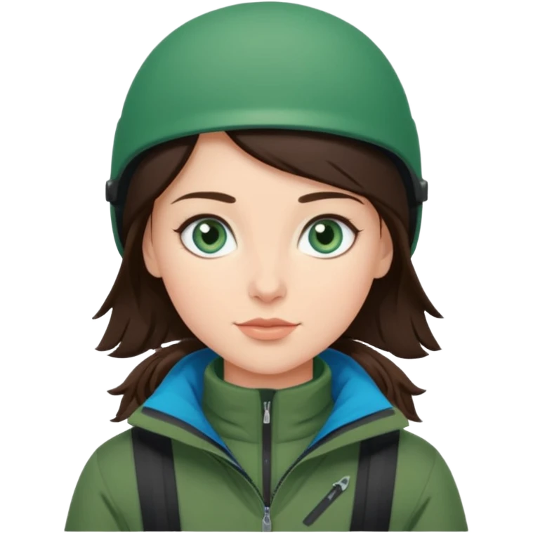 skiing brunette with blue eyes in a deep green jacket emoji