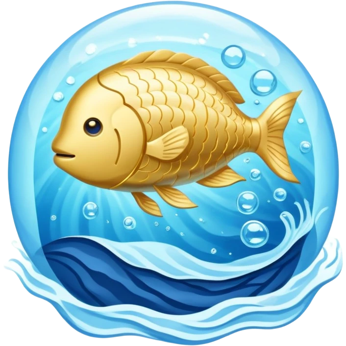 Luminous golden omega-3 capsule amid flowing blue currents, with a translucent fish circling a glowing brain. Soft blue waves radiate outward from the brain toward a faintly visible heart, showing the connection between omega-3, brain health and cardiovascular benefits. emoji