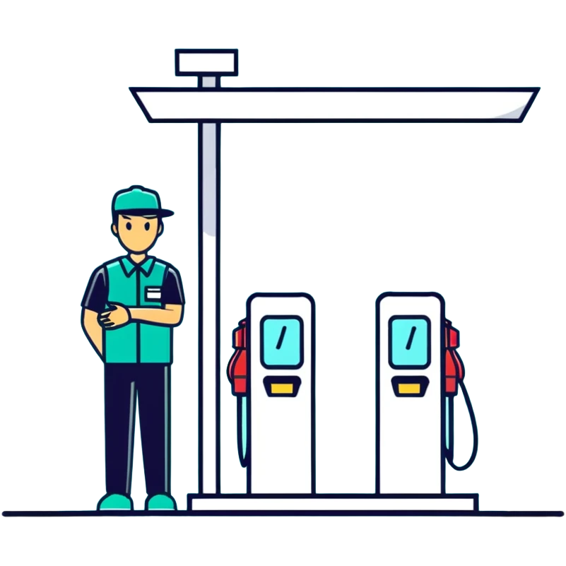 Male gas station attendant standing next to fuel dispenser, minimalist design with soft gradients in sky blue, teal green, white, and light gray emoji