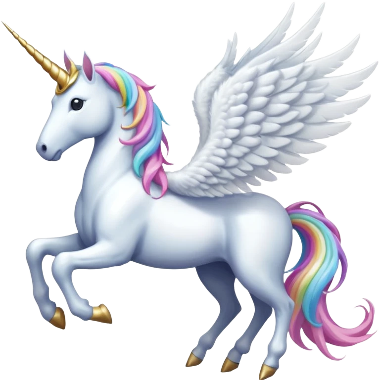 Cinematic Noble Unicorn with wings, slender with a flowing mane and tail and spiraled horn emoji