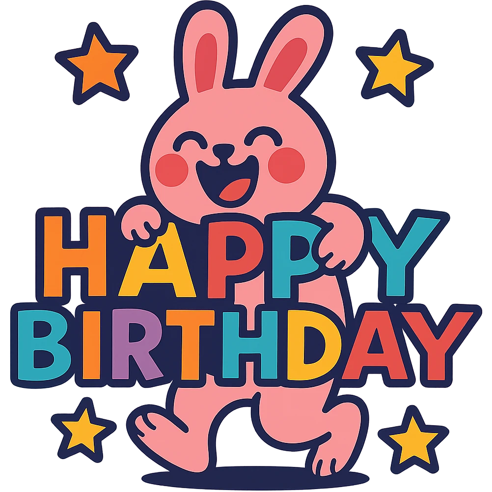laughing bunny hugging 'Happy Birthday' letters with stars, full body, vibrant-toon style emoji