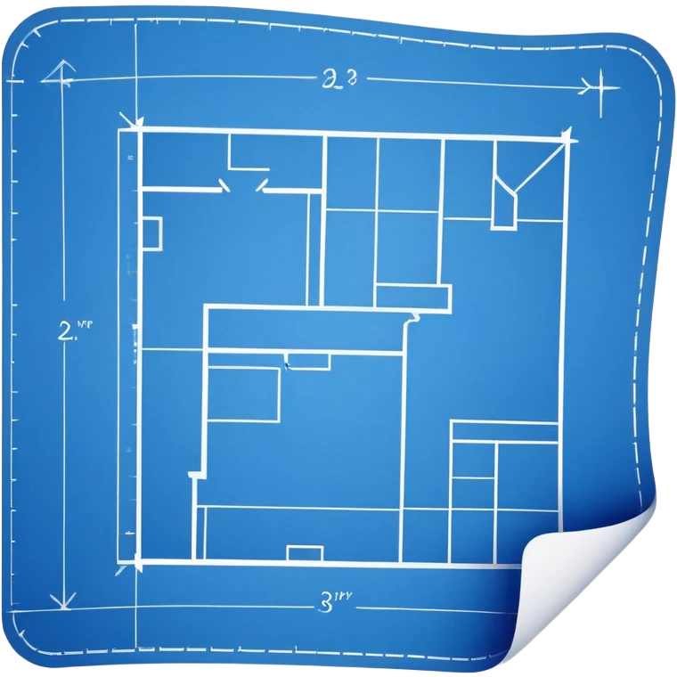 side view of a blue blueprint plan with white lines and a curled corner emoji