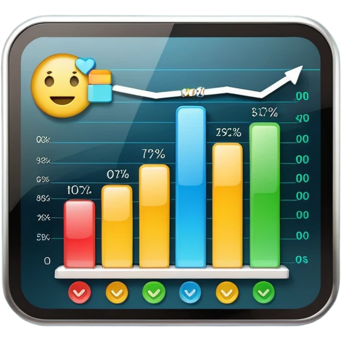 KPI dashboard emoji with rounded rectangle screen, glossy shine, soft shadow, bar chart with three colorful bars (blue, green, yellow), thin white line graph overlay, gradient background, vibrant colors, transparent background emoji