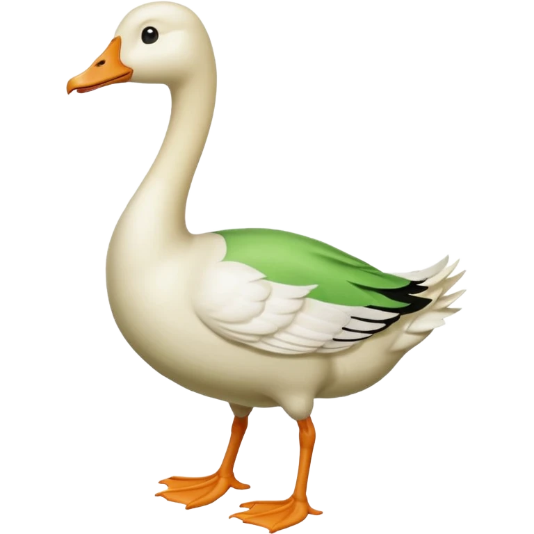 "Emoji of a white running goose with a very very long neck and two legs. The goose wears bright green dungarees." emoji