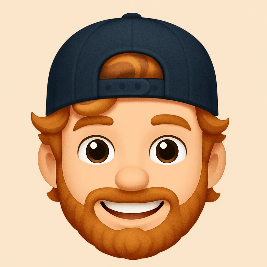A boy with a backward cap, curly orange hair, and a goatee, emoji style emoji