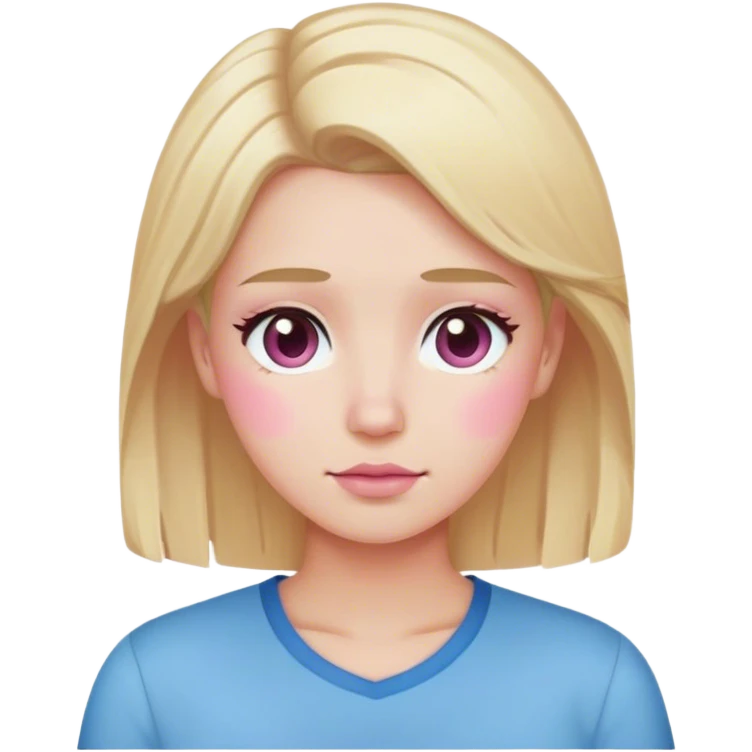 Blonde hair, brown eyes, white skin and pink blush, blue shirt emoji