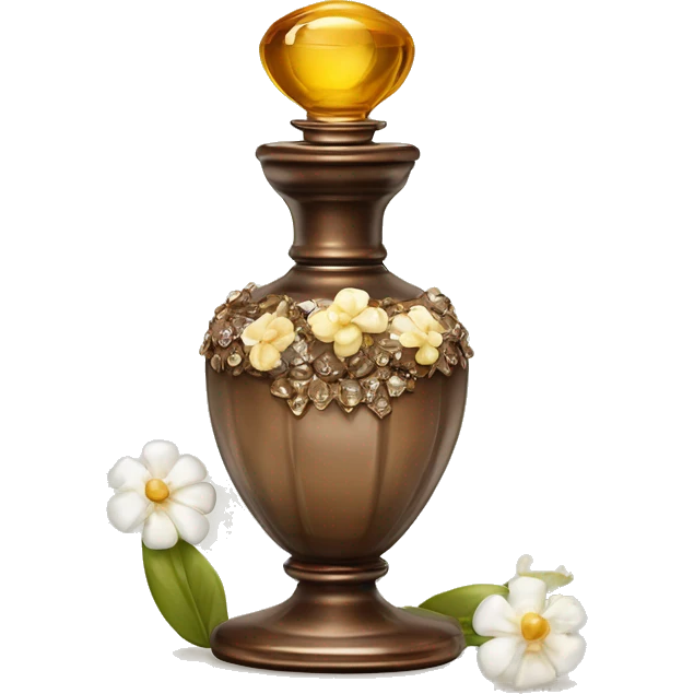 An antique perfume bottle with oil made of bronze and brown crystals, from which white cream and coffee milk flow, yellow flowers of fragrant vanilla lie next to it emoji