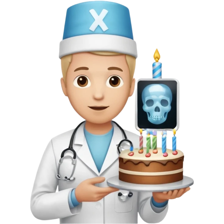 doctor emoji holding X-ray, birthday hat with cake on top. emoji